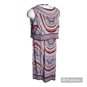 Chicos 0 Medium Dress Sleeveless Stretch Tribal Layered Disc Popover Knee Length